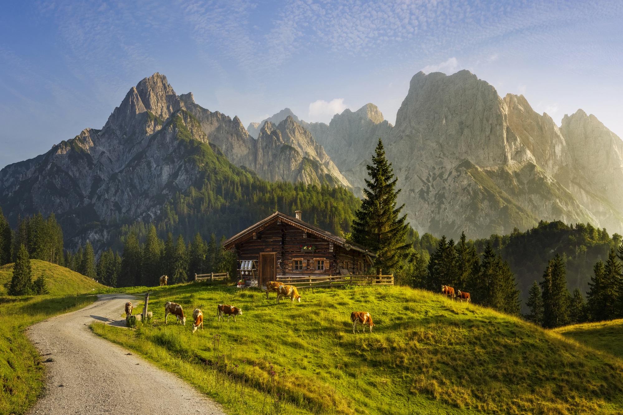 Berglandschaft in den Alpen Idyllische Landschaft in den Alpen mit traditionellem Berghaus und frischen grünen Bergwiesen bei Sonnenaufgang