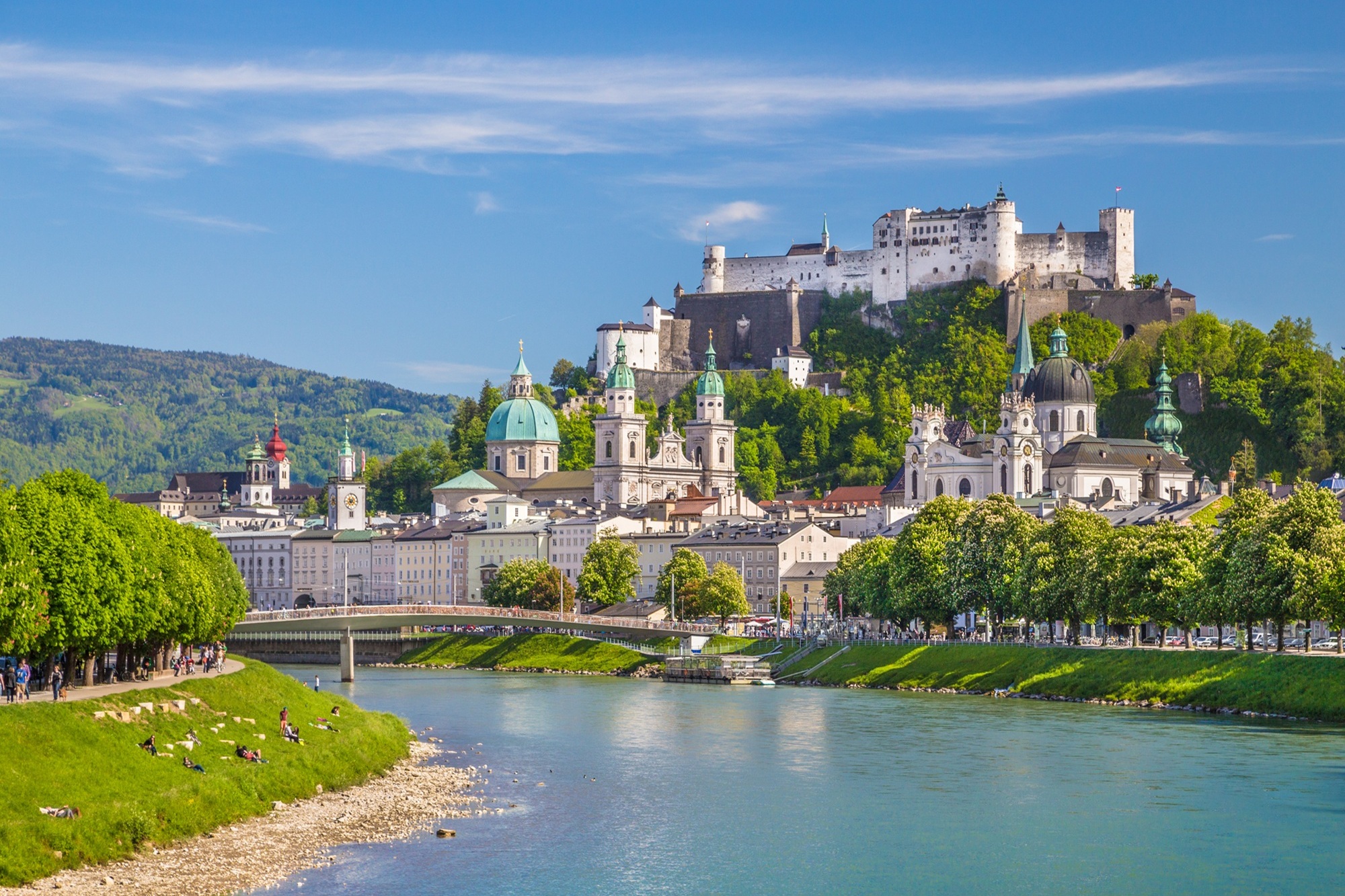 Blick auf die Festung Hohensalzburg mit blauen Himmel und dem Fluss im Vordergrund.